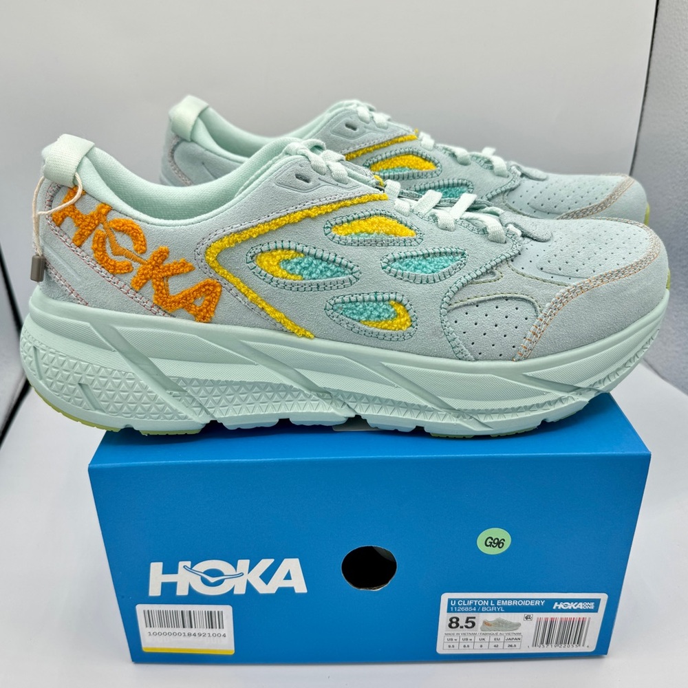 NWT Hoka Clifton Leather Embroidery UNISEX Shoes blue glass radiant yellow NEW - Picture 4 of 16